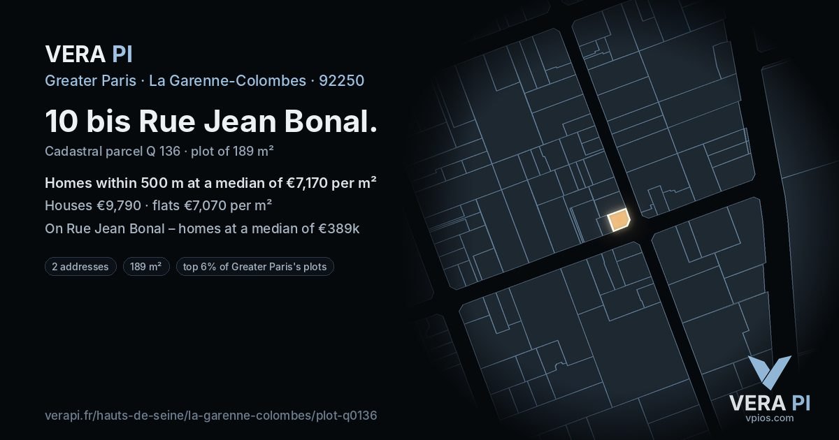 10 bis Rue Jean Bonal, La Garenne-Colombes at night – the plot lit, the parcels around coloured by the prices near them