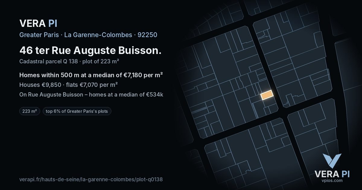 46 ter Rue Auguste Buisson, La Garenne-Colombes at night – the plot lit, the parcels around coloured by the prices near them