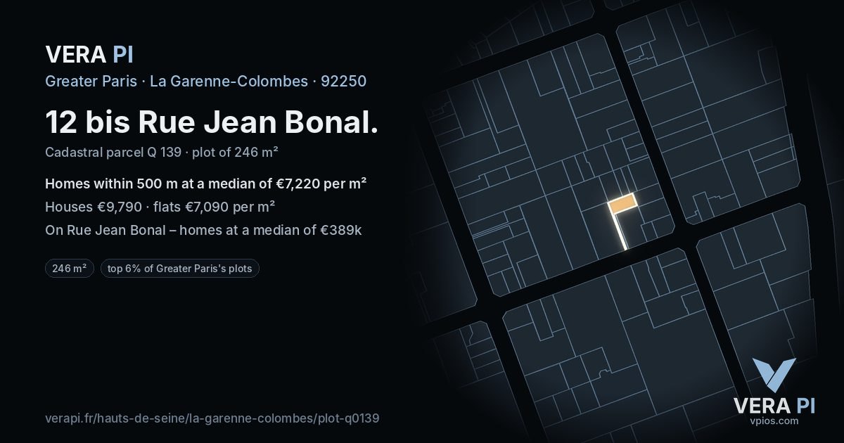 12 bis Rue Jean Bonal, La Garenne-Colombes at night – the plot lit, the parcels around coloured by the prices near them