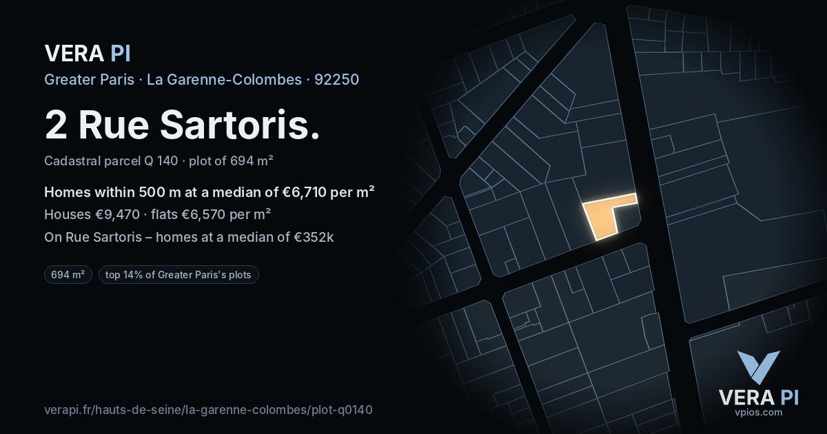 2 Rue Sartoris, La Garenne-Colombes at night – the plot lit, the parcels around coloured by the prices near them