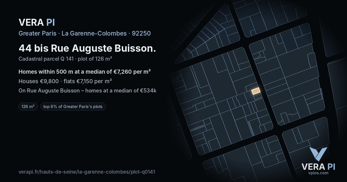 44 bis Rue Auguste Buisson, La Garenne-Colombes at night – the plot lit, the parcels around coloured by the prices near them