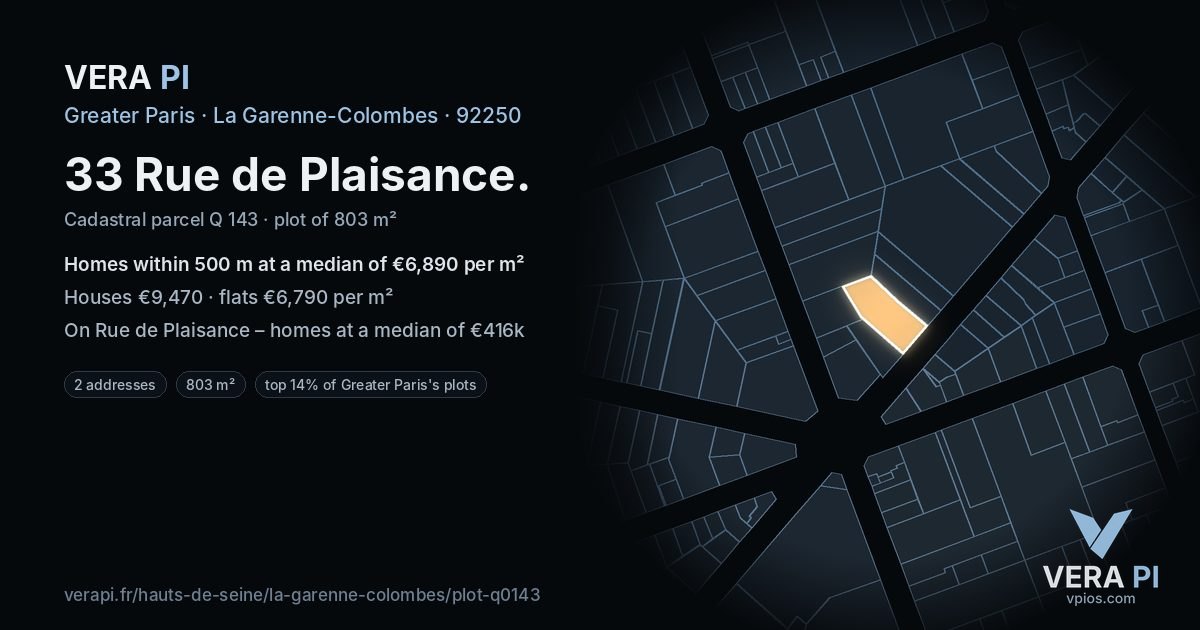 33 Rue de Plaisance, La Garenne-Colombes at night – the plot lit, the parcels around coloured by the prices near them