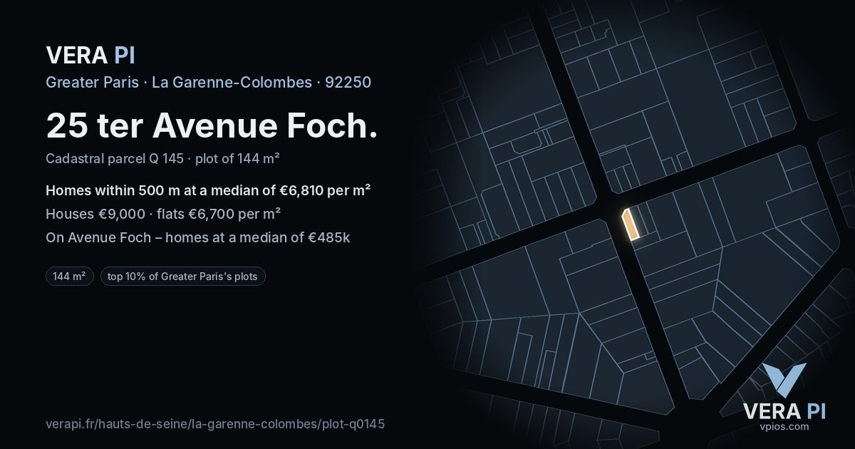 25 ter Avenue Foch, La Garenne-Colombes at night – the plot lit, the parcels around coloured by the prices near them