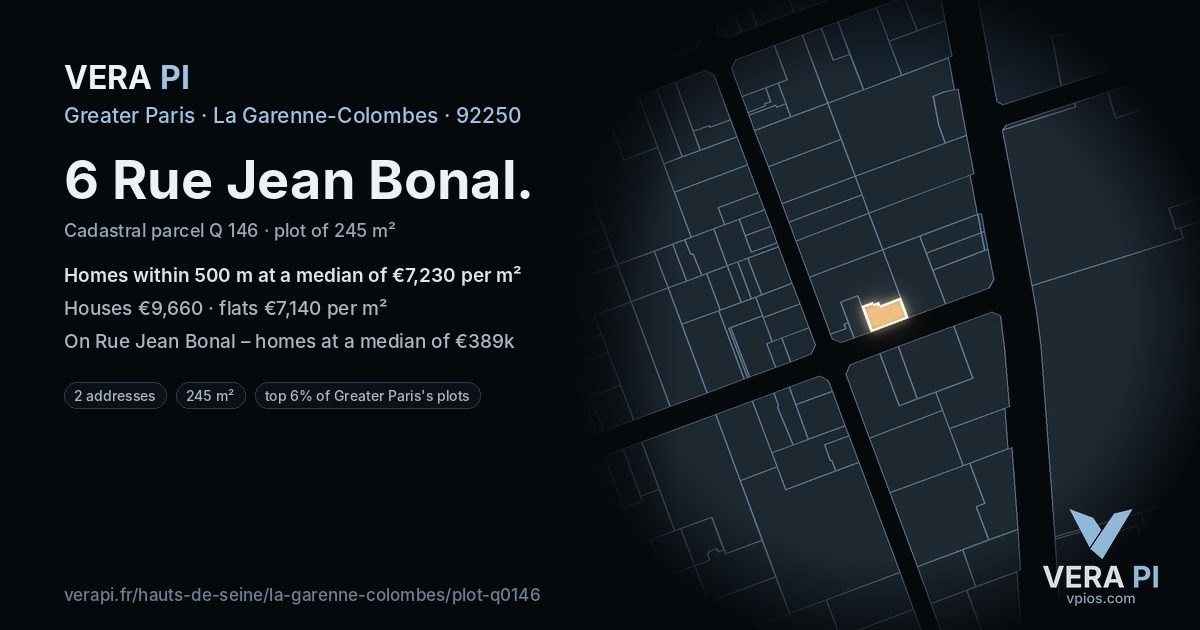6 Rue Jean Bonal, La Garenne-Colombes at night – the plot lit, the parcels around coloured by the prices near them