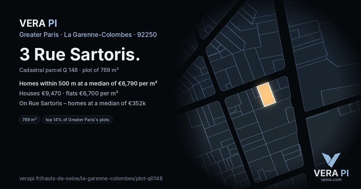 3 Rue Sartoris, La Garenne-Colombes at night – the plot lit, the parcels around coloured by the prices near them