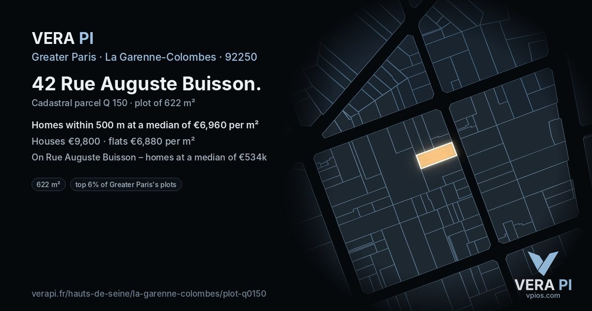 42 Rue Auguste Buisson, La Garenne-Colombes at night – the plot lit, the parcels around coloured by the prices near them