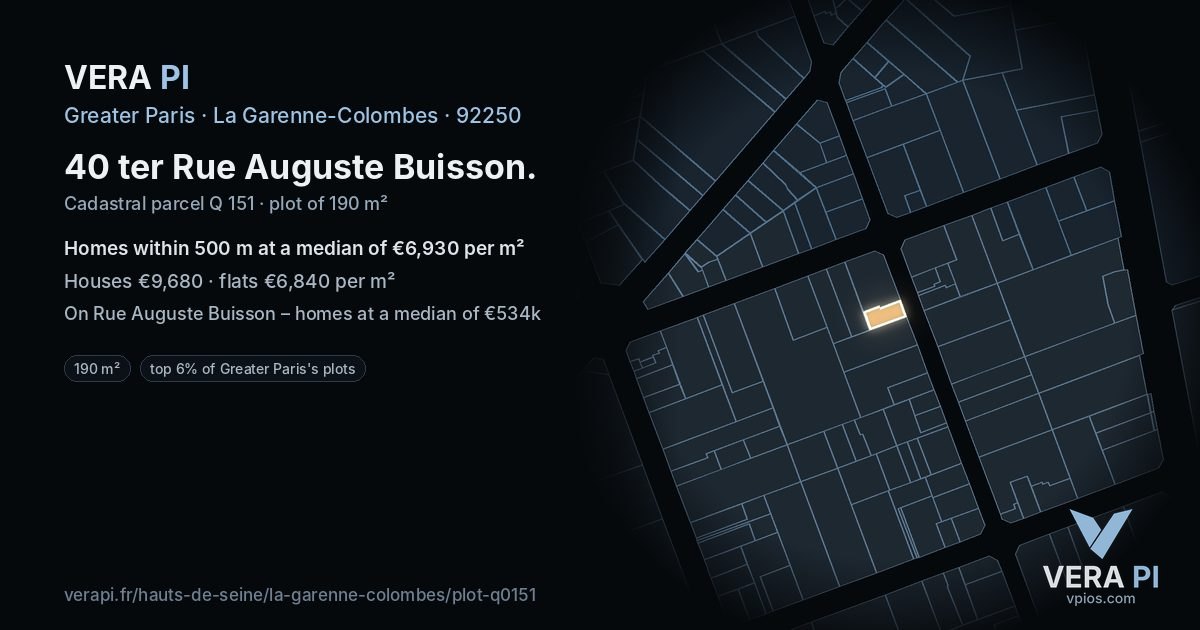 40 ter Rue Auguste Buisson, La Garenne-Colombes at night – the plot lit, the parcels around coloured by the prices near them