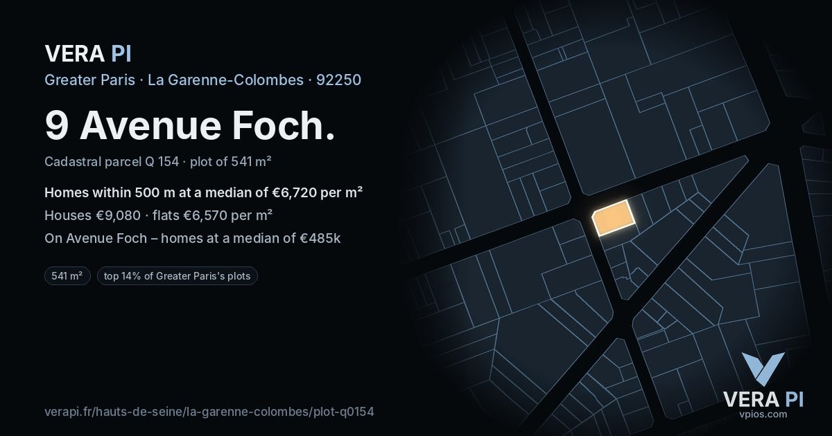 9 Avenue Foch, La Garenne-Colombes at night – the plot lit, the parcels around coloured by the prices near them