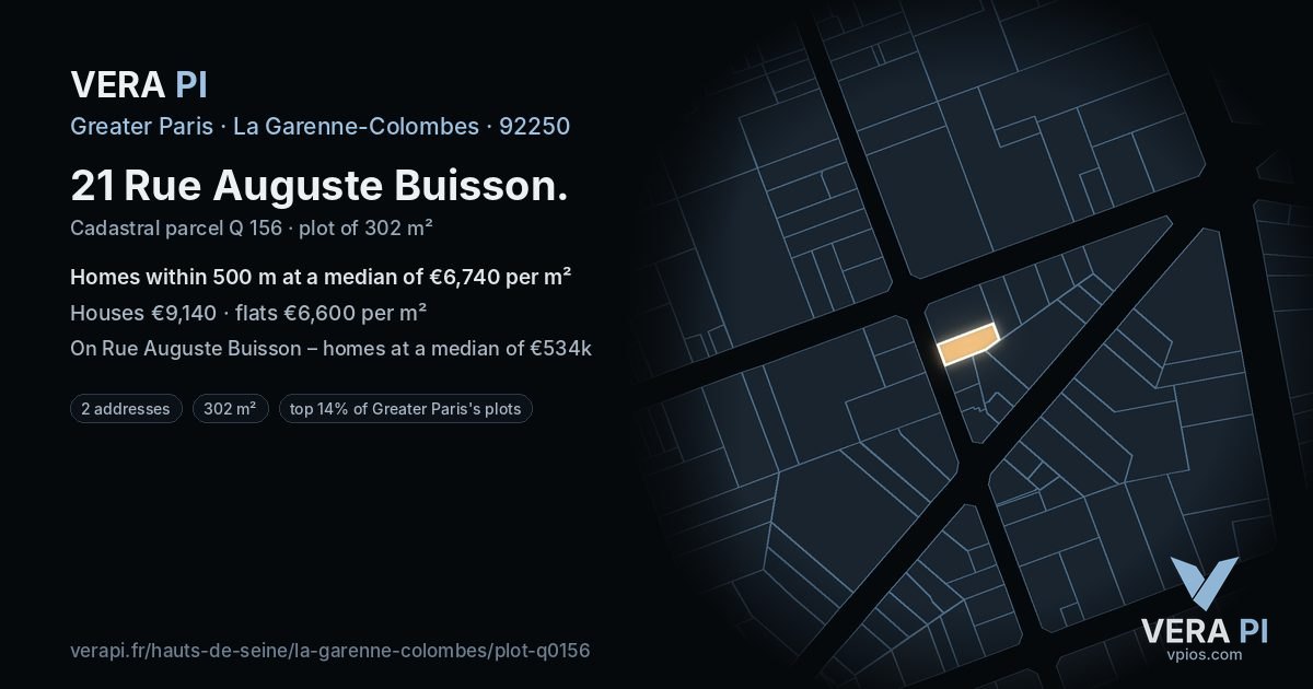 21 Rue Auguste Buisson, La Garenne-Colombes at night – the plot lit, the parcels around coloured by the prices near them