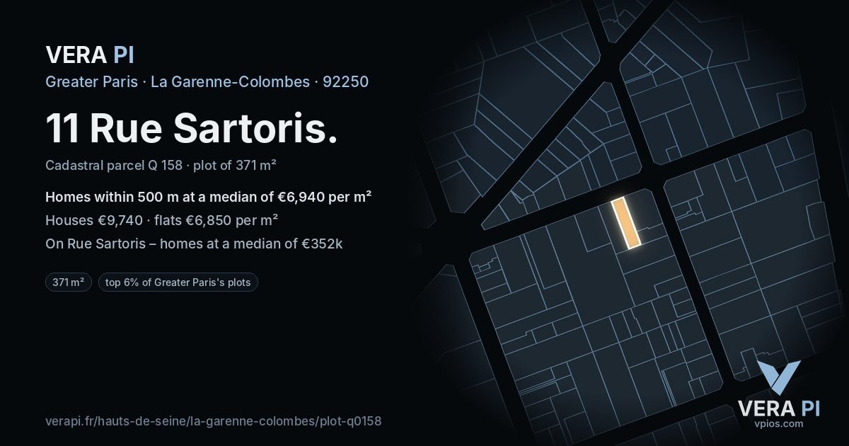 11 Rue Sartoris, La Garenne-Colombes at night – the plot lit, the parcels around coloured by the prices near them