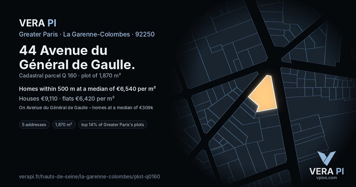 44 Avenue du Général de Gaulle, La Garenne-Colombes at night – the plot lit, the parcels around coloured by the prices near them
