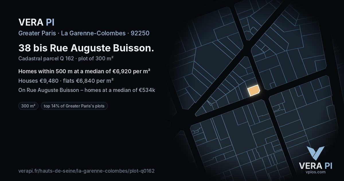 38 bis Rue Auguste Buisson, La Garenne-Colombes at night – the plot lit, the parcels around coloured by the prices near them