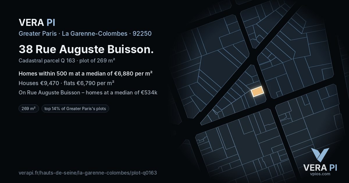 38 Rue Auguste Buisson, La Garenne-Colombes at night – the plot lit, the parcels around coloured by the prices near them