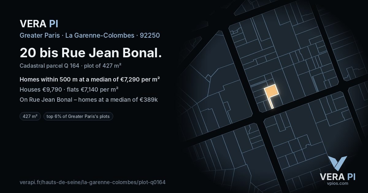 20 bis Rue Jean Bonal, La Garenne-Colombes at night – the plot lit, the parcels around coloured by the prices near them