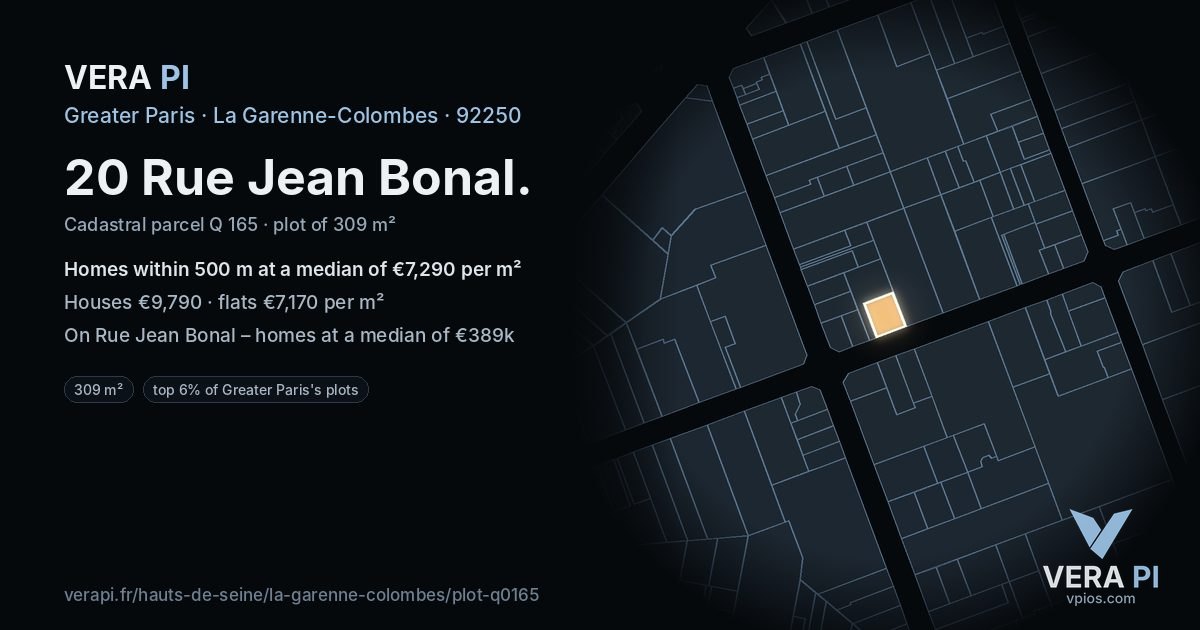 20 Rue Jean Bonal, La Garenne-Colombes at night – the plot lit, the parcels around coloured by the prices near them