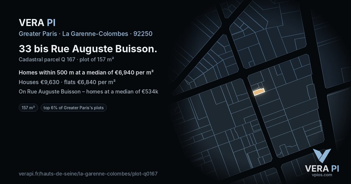 33 bis Rue Auguste Buisson, La Garenne-Colombes at night – the plot lit, the parcels around coloured by the prices near them