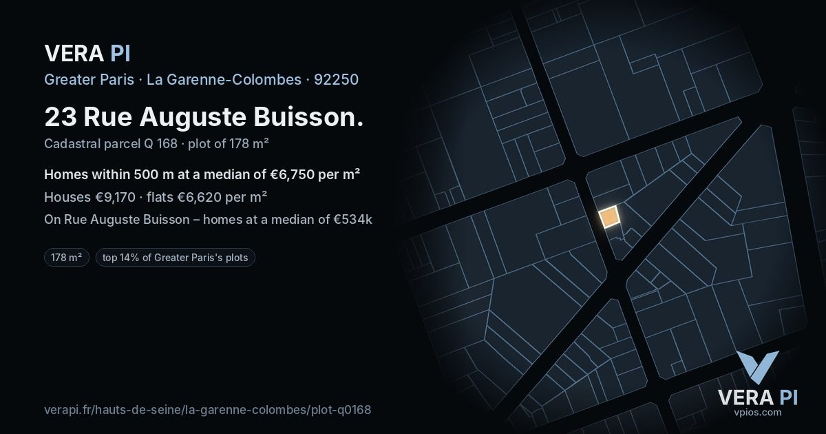 23 Rue Auguste Buisson, La Garenne-Colombes at night – the plot lit, the parcels around coloured by the prices near them