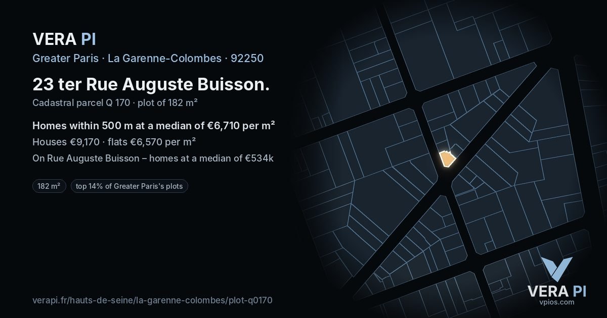 23 ter Rue Auguste Buisson, La Garenne-Colombes at night – the plot lit, the parcels around coloured by the prices near them