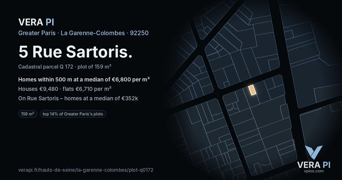 5 Rue Sartoris, La Garenne-Colombes at night – the plot lit, the parcels around coloured by the prices near them