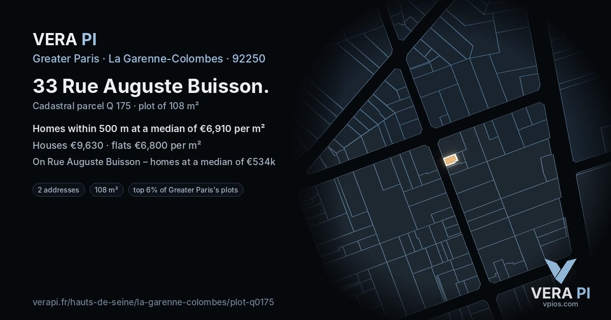 33 Rue Auguste Buisson, La Garenne-Colombes at night – the plot lit, the parcels around coloured by the prices near them