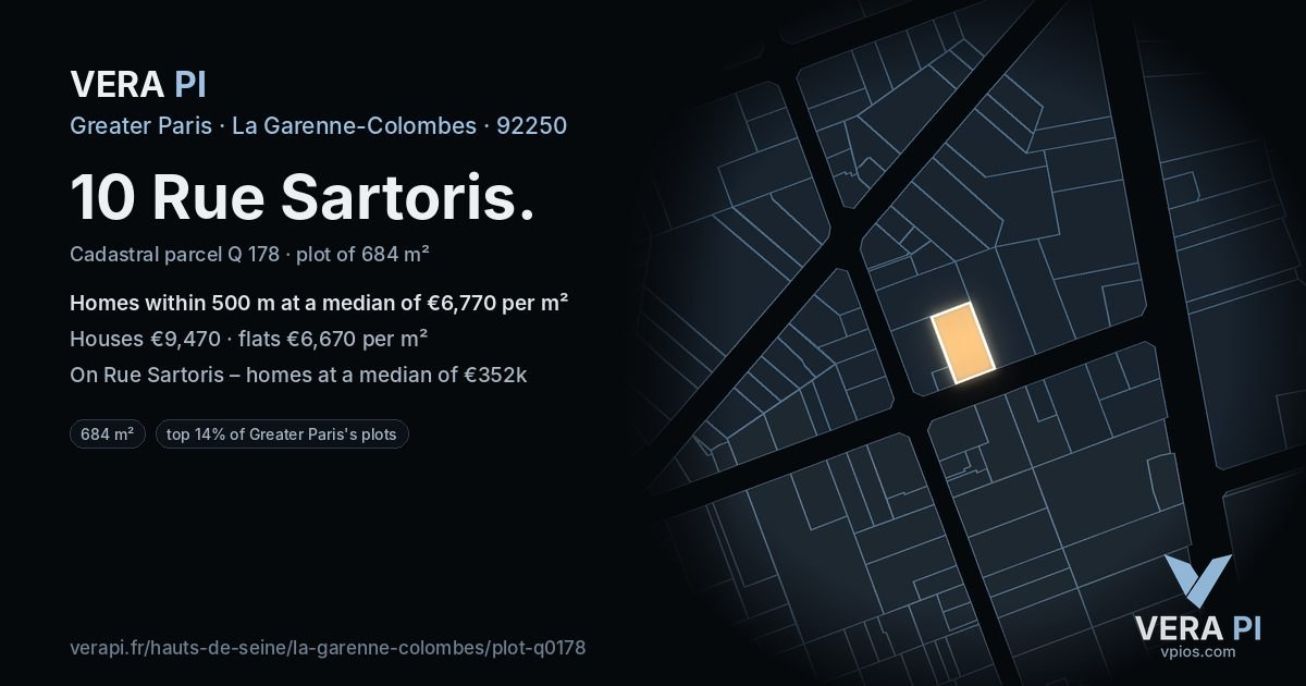 10 Rue Sartoris, La Garenne-Colombes at night – the plot lit, the parcels around coloured by the prices near them
