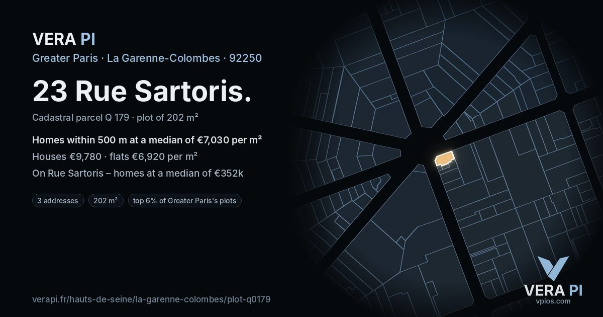 23 Rue Sartoris, La Garenne-Colombes at night – the plot lit, the parcels around coloured by the prices near them