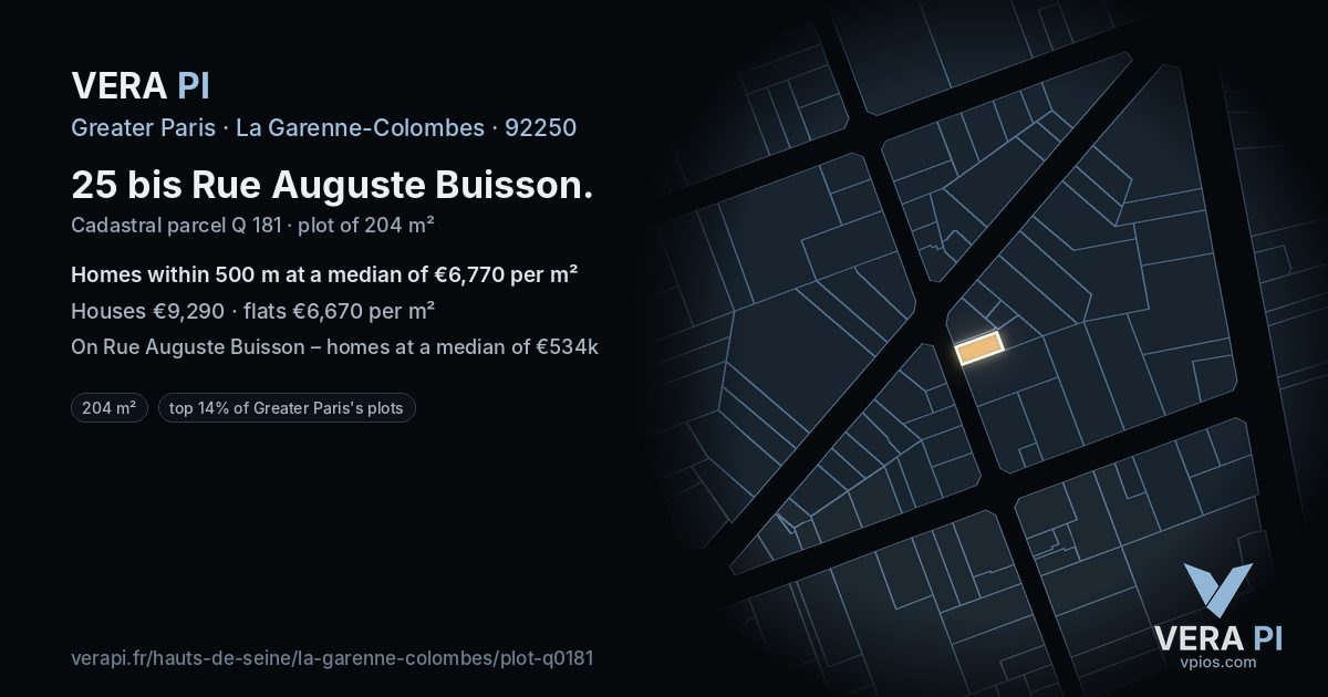 25 bis Rue Auguste Buisson, La Garenne-Colombes at night – the plot lit, the parcels around coloured by the prices near them