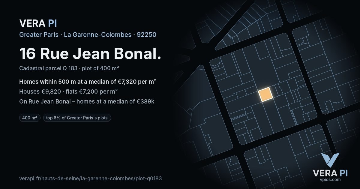 16 Rue Jean Bonal, La Garenne-Colombes at night – the plot lit, the parcels around coloured by the prices near them