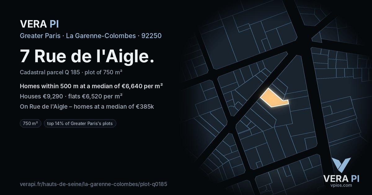 7 Rue de l'Aigle, La Garenne-Colombes at night – the plot lit, the parcels around coloured by the prices near them