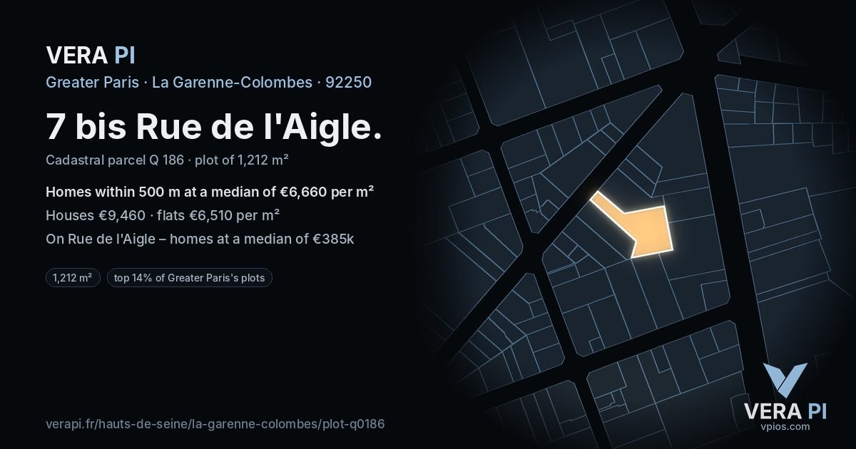 7 bis Rue de l'Aigle, La Garenne-Colombes at night – the plot lit, the parcels around coloured by the prices near them