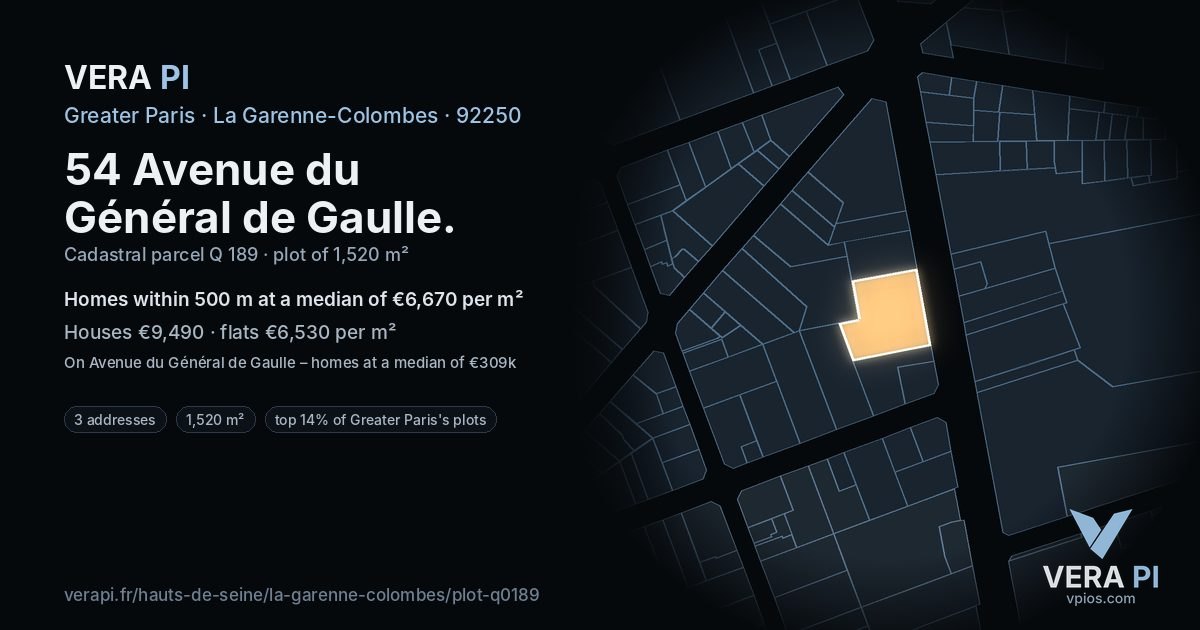 54 Avenue du Général de Gaulle, La Garenne-Colombes at night – the plot lit, the parcels around coloured by the prices near them