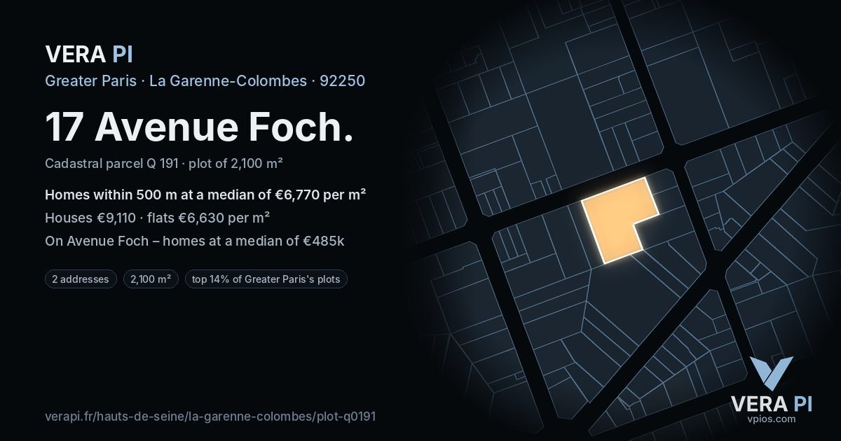 17 Avenue Foch, La Garenne-Colombes at night – the plot lit, the parcels around coloured by the prices near them