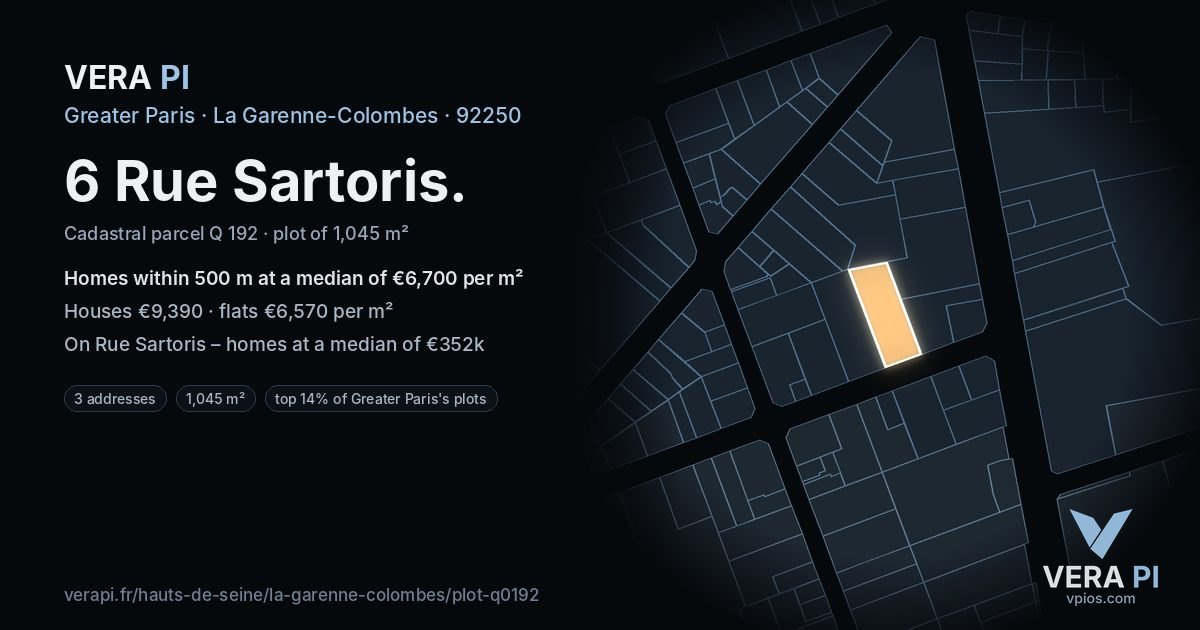 6 Rue Sartoris, La Garenne-Colombes at night – the plot lit, the parcels around coloured by the prices near them