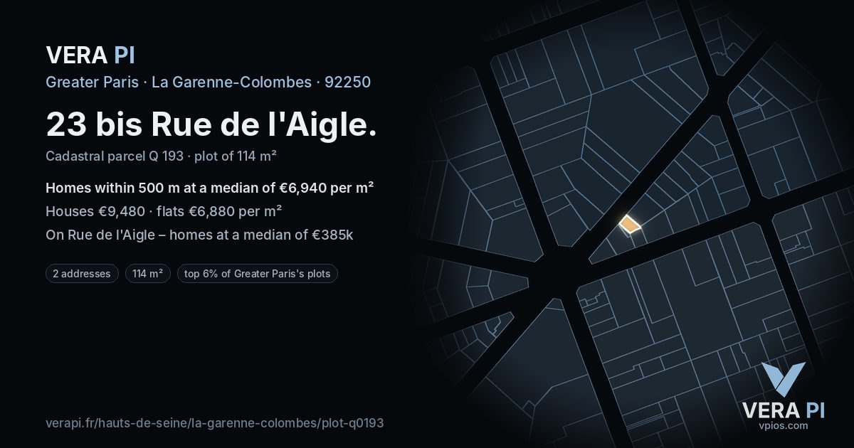23 bis Rue de l'Aigle, La Garenne-Colombes at night – the plot lit, the parcels around coloured by the prices near them