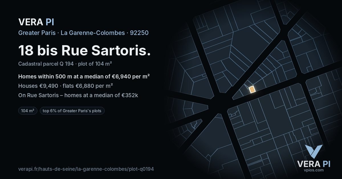 18 bis Rue Sartoris, La Garenne-Colombes at night – the plot lit, the parcels around coloured by the prices near them