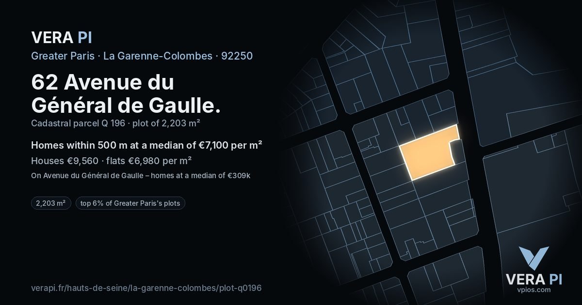 62 Avenue du Général de Gaulle, La Garenne-Colombes at night – the plot lit, the parcels around coloured by the prices near them