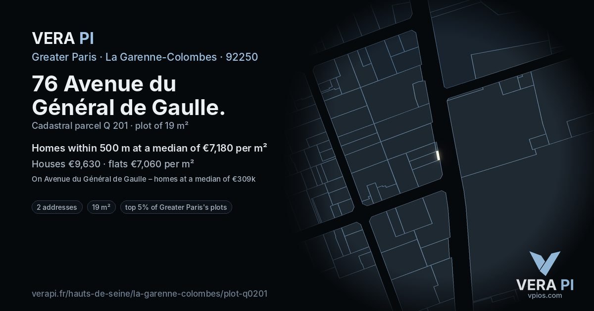 76 Avenue du Général de Gaulle, La Garenne-Colombes at night – the plot lit, the parcels around coloured by the prices near them