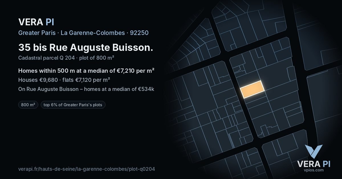 35 bis Rue Auguste Buisson, La Garenne-Colombes at night – the plot lit, the parcels around coloured by the prices near them