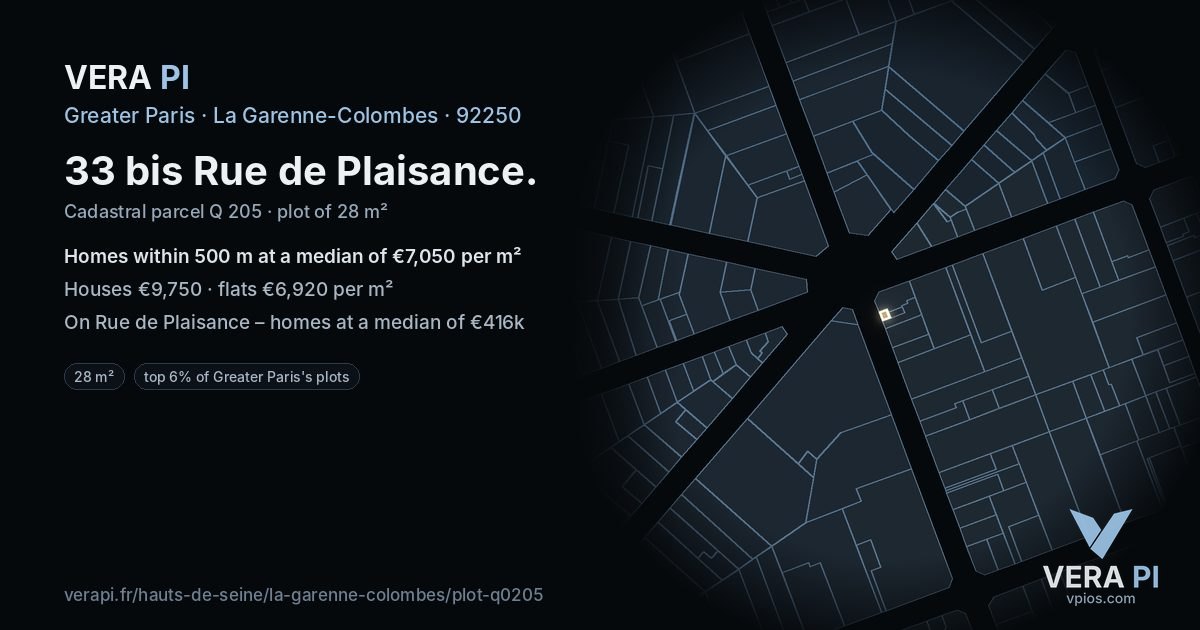 33 bis Rue de Plaisance, La Garenne-Colombes at night – the plot lit, the parcels around coloured by the prices near them