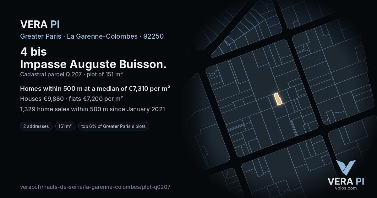 4 bis Impasse Auguste Buisson, La Garenne-Colombes at night – the plot lit, the parcels around coloured by the prices near them