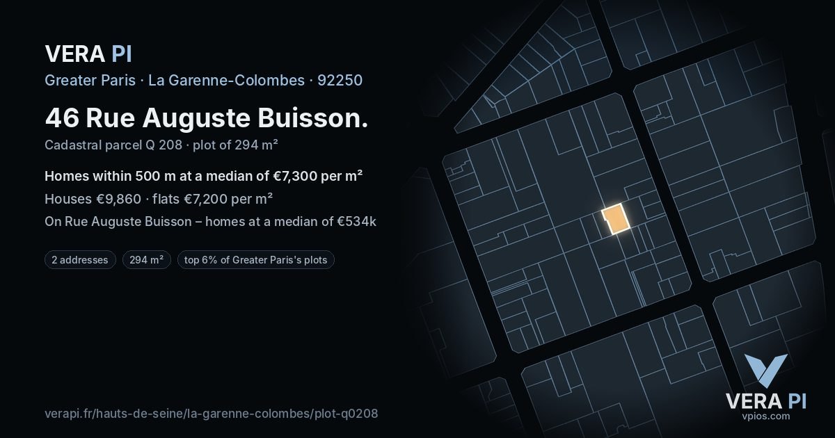 46 Rue Auguste Buisson, La Garenne-Colombes at night – the plot lit, the parcels around coloured by the prices near them