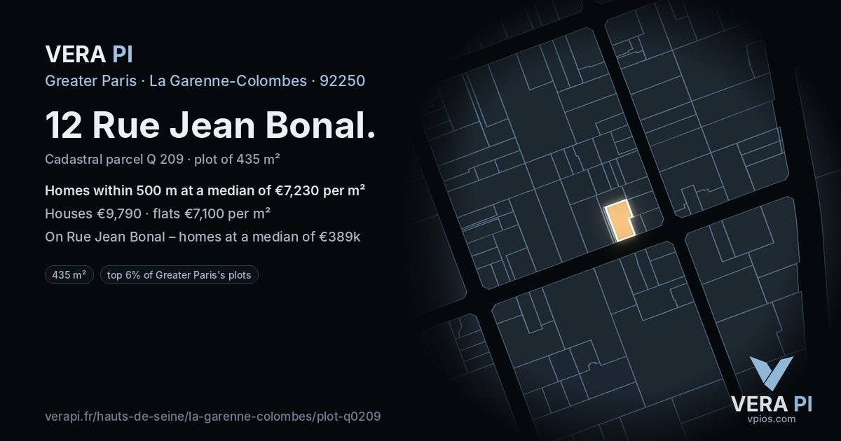 12 Rue Jean Bonal, La Garenne-Colombes at night – the plot lit, the parcels around coloured by the prices near them