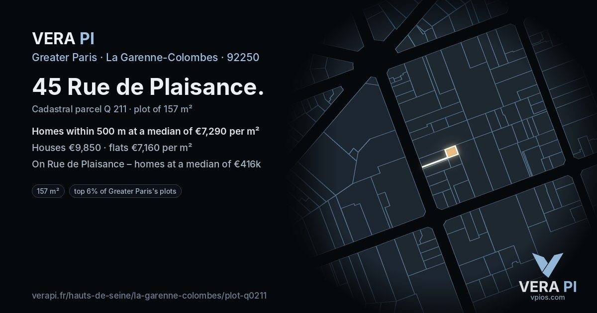 45 Rue de Plaisance, La Garenne-Colombes at night – the plot lit, the parcels around coloured by the prices near them