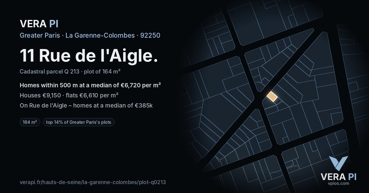 11 Rue de l'Aigle, La Garenne-Colombes at night – the plot lit, the parcels around coloured by the prices near them