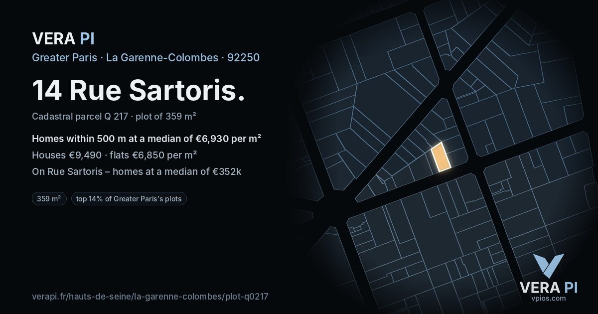 14 Rue Sartoris, La Garenne-Colombes at night – the plot lit, the parcels around coloured by the prices near them