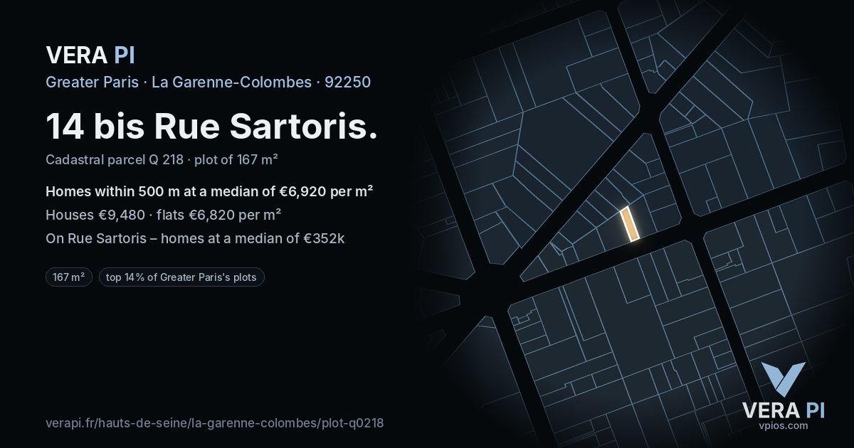 14 bis Rue Sartoris, La Garenne-Colombes at night – the plot lit, the parcels around coloured by the prices near them