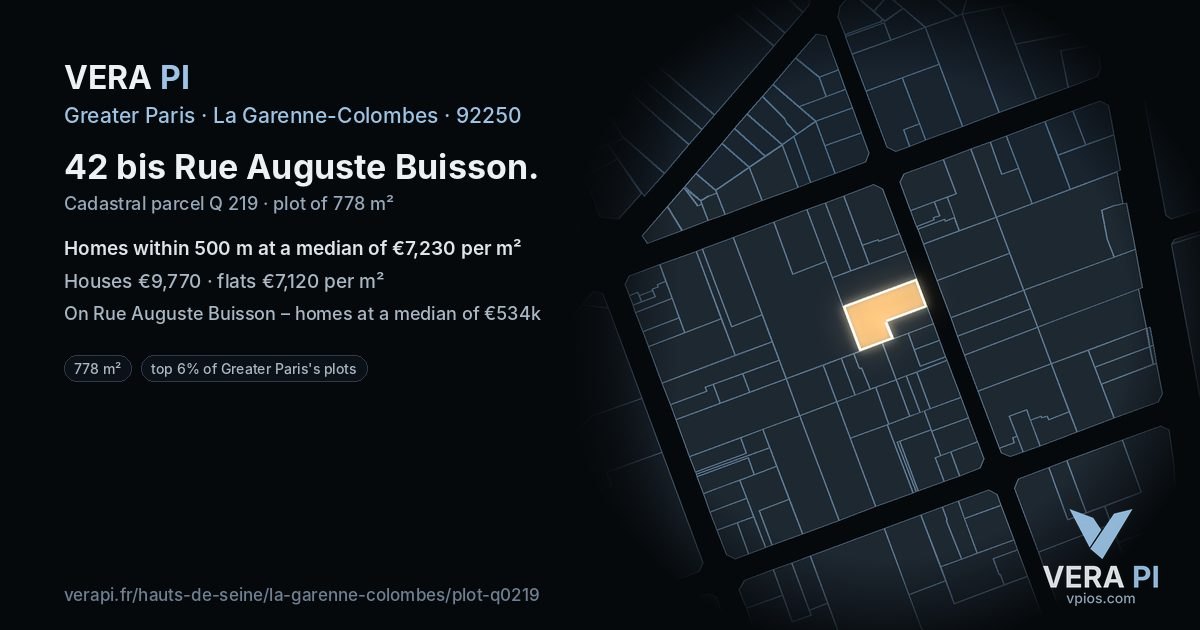 42 bis Rue Auguste Buisson, La Garenne-Colombes at night – the plot lit, the parcels around coloured by the prices near them