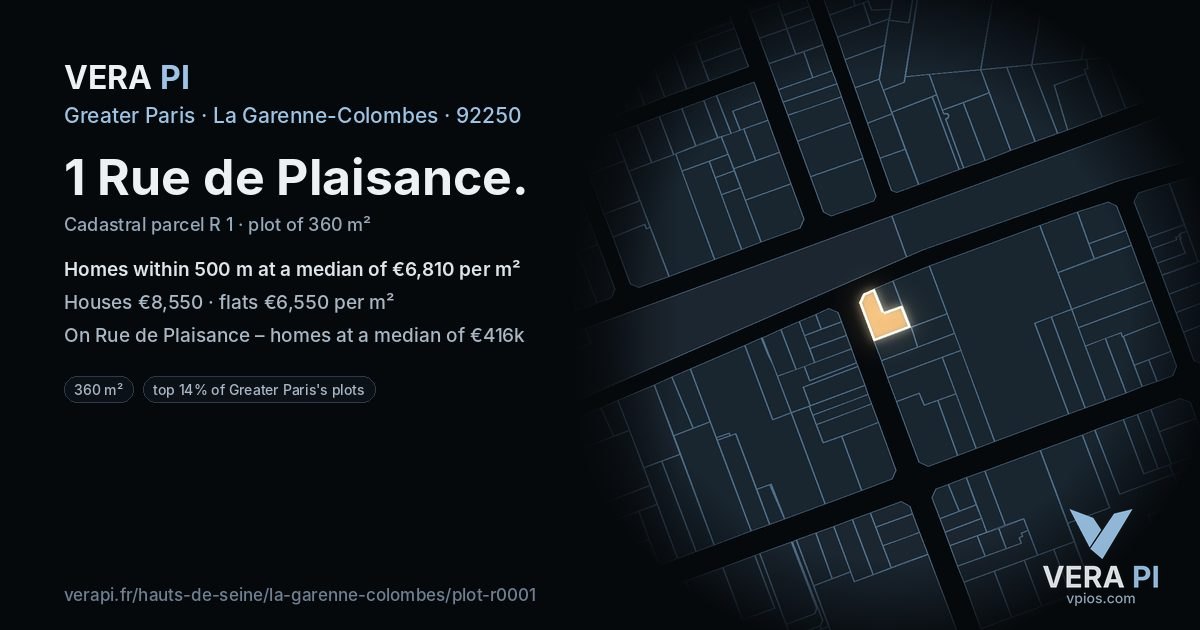 1 Rue de Plaisance, La Garenne-Colombes at night – the plot lit, the parcels around coloured by the prices near them