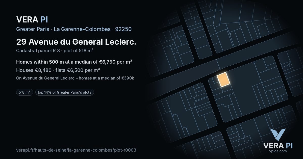 29 Avenue du General Leclerc, La Garenne-Colombes at night – the plot lit, the parcels around coloured by the prices near them