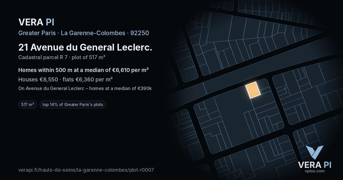 21 Avenue du General Leclerc, La Garenne-Colombes at night – the plot lit, the parcels around coloured by the prices near them